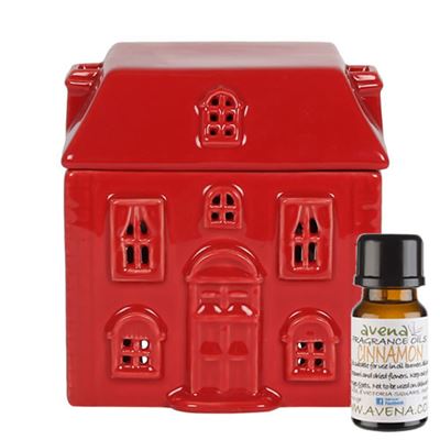 Ceramic Red House Oil Burner With Free Cinnamon Fragrance Oil 10ml